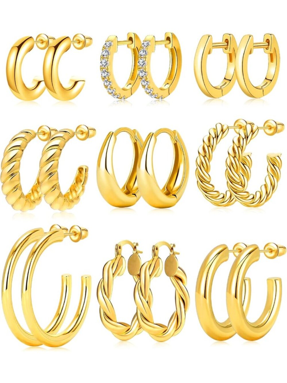 9 Pairs Gold Twisted Huggie Hoop Earrings Set for Women - Lightweight Gift Ideas
